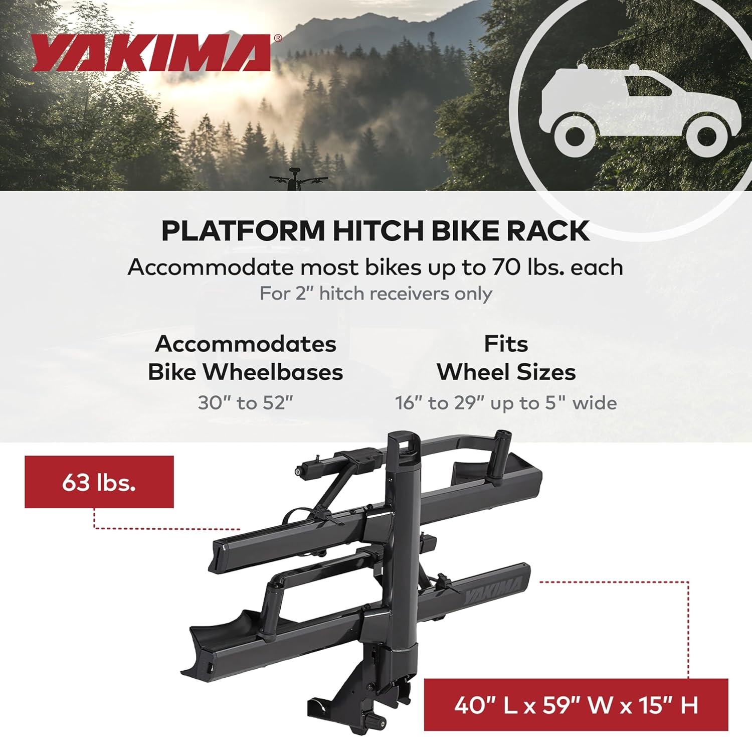 image:imageYakima Platform Hitch Bike Rack Rear Vehicle Bicycle Carrier w Tilting Tray for 2 Bikes Fits 16 to 29 Inch Wheel Size StageTwo 2 Anthracite